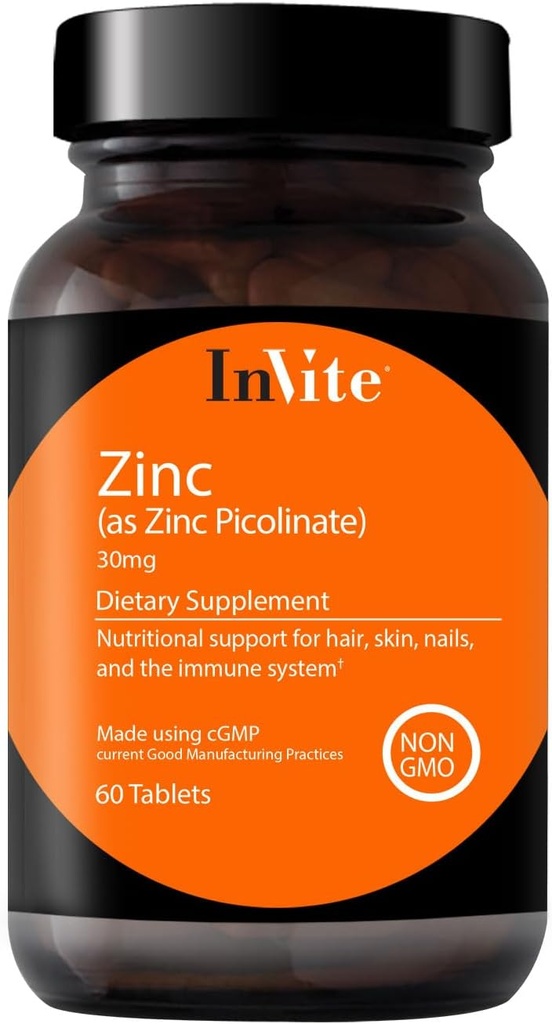 InVite Health Ψευδάργυρος Πικολινικός - 30 mg ως Ψευδάργυρος Πικολινικός - Υποστηρίζει το ανοσοποιητικό, το νύχι, το δέρμα και τα μαλλιά Υγεία - 60 δισκία (2- συσκευασία)