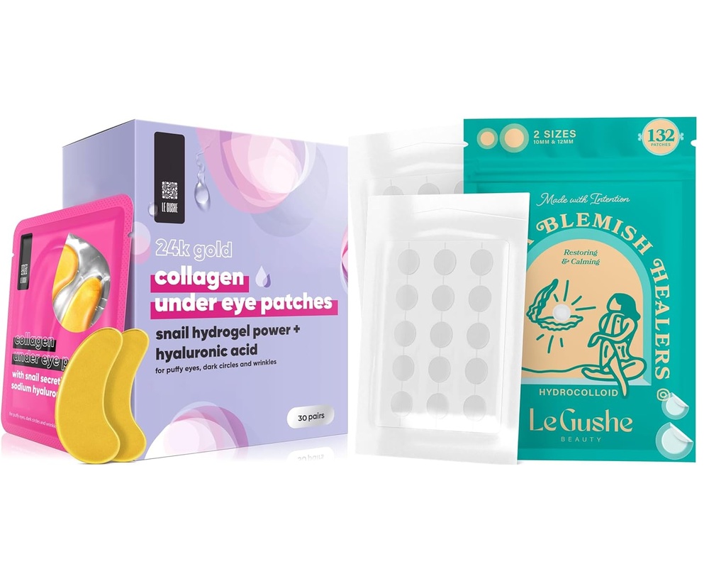 LE GUSHE Pimple Patches for Face (132 dots) & Under Eye Patches (30 Pairs). Collagen & Amino Asit ile Altın Göz Maskesi, Soğutma Gözleri Wrinkles, Puffy Eyes & Dark Circles