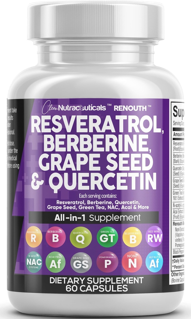 Temiz Resveratrol Tamam | Berberine Grape Tohum alıntı Quercetin Green Tea Extract Acai Noni Polyol Supplement for Women & Men Anti Aging N-Acetyl Cysteine NAD ATM