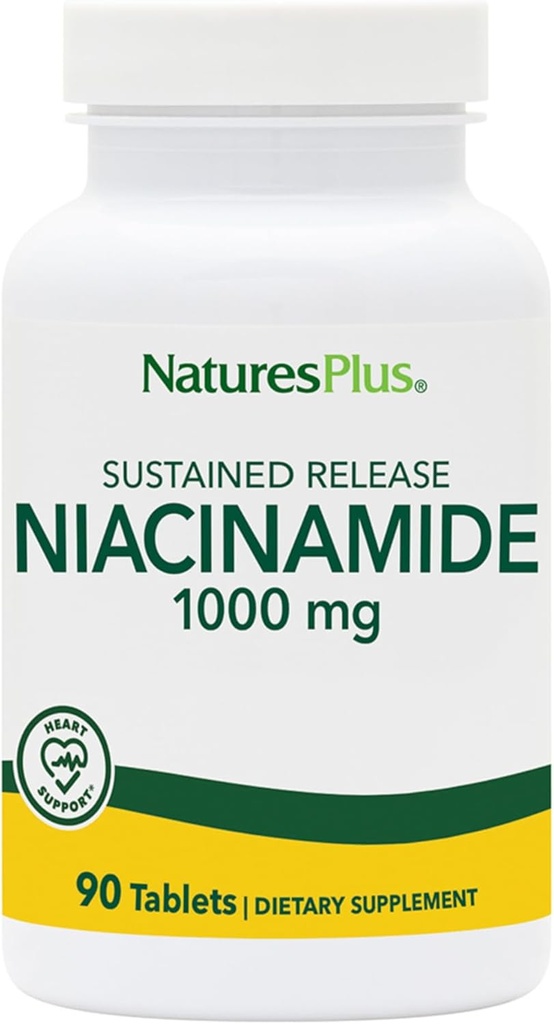 Natures Plus Niacinamide 1000 mg - 90 δισκία παρατεταμένης αποδέσμευσης, Συσκευασία των 2 - Υποστηρίζει την Ανοσοποιητική & Δερματική Υγεία, την Ενεργειακή Παραγωγή & τη λειτουργία του εγκεφάλου - Χορτοφαγική, Χωρίς Γλουτένη - 180 Σύνολο Υπηρεσίες