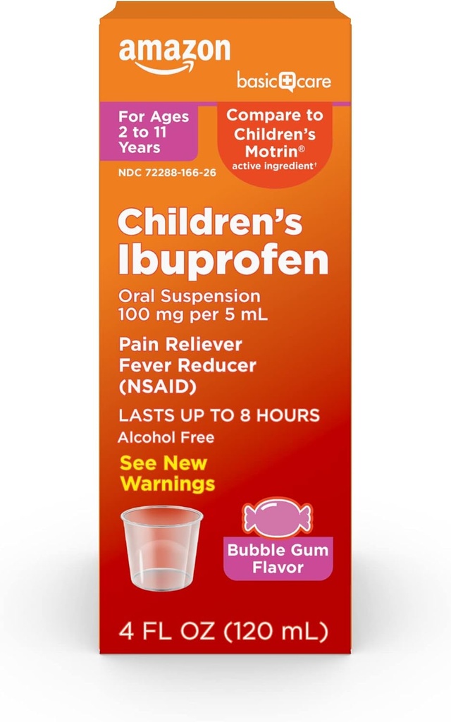 Βασική Φροντίδα Παιδική Ibuprofen στοματική αναστολή, 100mg, Bubblegum, 4 fl oz (πακέτο του 1)