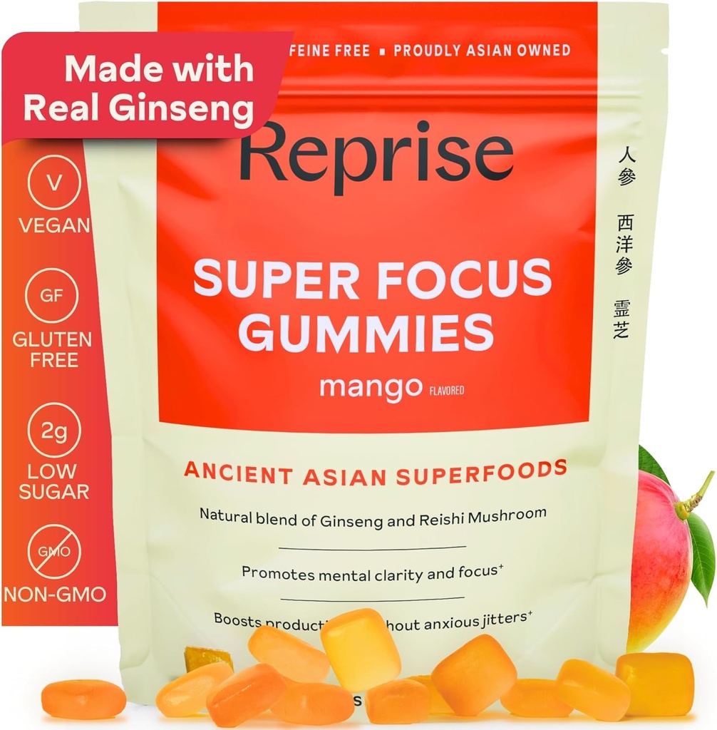 Yetişkinler için Odaklı Gummies | American & Korean Ginseng with Reishi Mushroom ekstras | All Natural Gummies for Focus, Mood, and Energy | Mango Flavored | 45 Count Count Count