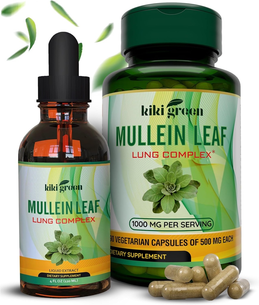 KIKI Πράσινες κάψουλες Mullein & Υγρές σταγόνες Bundle - Mullein Leaf Extract Συμπληρώματα, 90 κάψουλες + 2 fl oz - για την υποστήριξη του αναπνευστικού συστήματος και της ανοσίας, καλύτερη λειτουργία πνεύμονα, καθαρισμού πνεύμονα & ανακούφιση