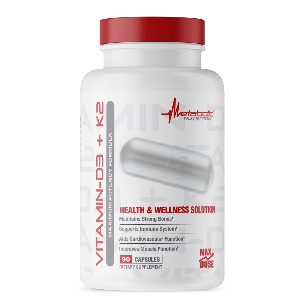 Metabolik Beslenme Vitamin D3 + K2, Bone ve Heart Health Formula, Immune Support, 90 Veggie Caps 7000IU per Capsule Max Dose