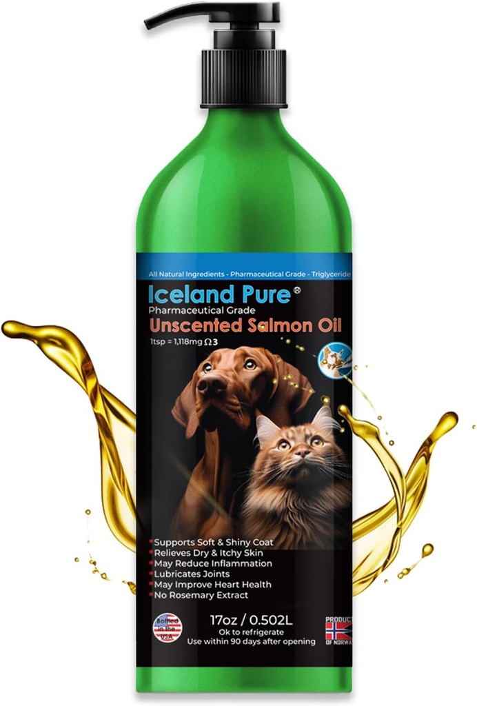 İzlanda Pure Salmon Oil | Teşvik Olmayan İlaç Notu | 1118 mg of Omega-3 per fresh | Liquid Food Supplement For Dogs and Cats | BPA-Free DNed Alüminyum Renkli Pump 17oz