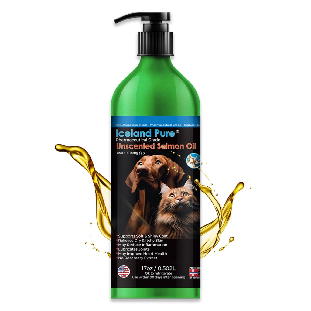 İzlanda Pure Salmon Oil | Teşvik Olmayan İlaç Notu | 1118 mg of Omega-3 per fresh | Liquid Food Supplement For Dogs and Cats | BPA-Free DNed Alüminyum Renkli Pump 17oz