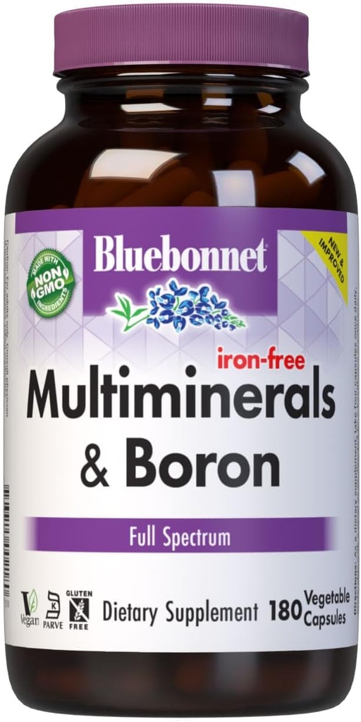 Bluebonnet Multi Minerals Supplement Plus Βόριο Χηλικό Μαγνήσιο Κάλιο Χαλκός σελήνιο Μαγγάνιο Συγκρότημα Χρώμιο & Ψευδάργυρο για γυναίκες & άνδρες - Όχι σίδηρος, μη ΓΤΟ, Χωρίς γλουτένη - 180 κάψουλες λαχανικών