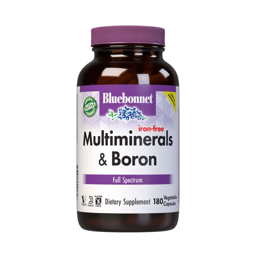 Bluebonnet Multi Minerals Supplement Plus Βόριο Χηλικό Μαγνήσιο Κάλιο Χαλκός σελήνιο Μαγγάνιο Συγκρότημα Χρώμιο & Ψευδάργυρο για γυναίκες & άνδρες - Όχι σίδηρος, μη ΓΤΟ, Χωρίς γλουτένη - 180 κάψουλες λαχανικών