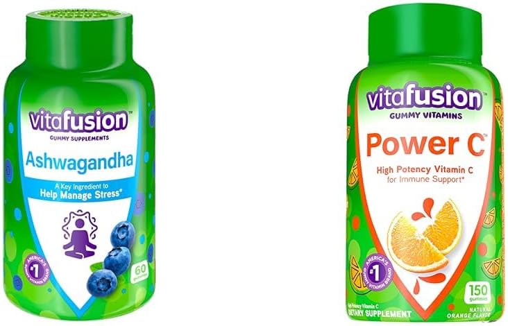 Vitafusion Ashwagandha Gummies 60 Count and Vitamin C Gummies 150 Count for Immune Support