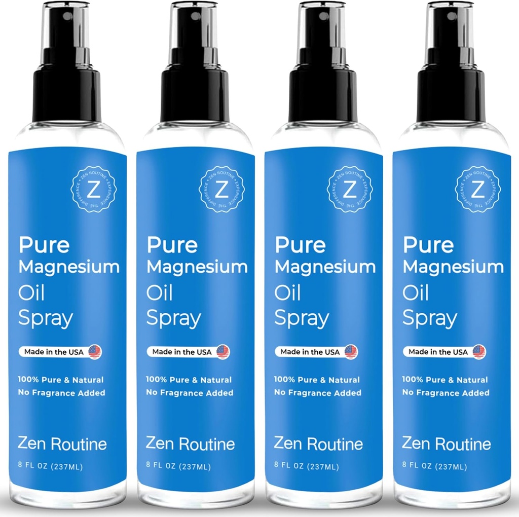 Pure Oil Spray – 8oz (4 Pack) - Organik USP Grade, Magnezyum Oil for Feet, Magnezyum from Ancient Minerals - Aceite de magnesio para Los pastas - Natural Magnezyum Chloride, Made in the USA