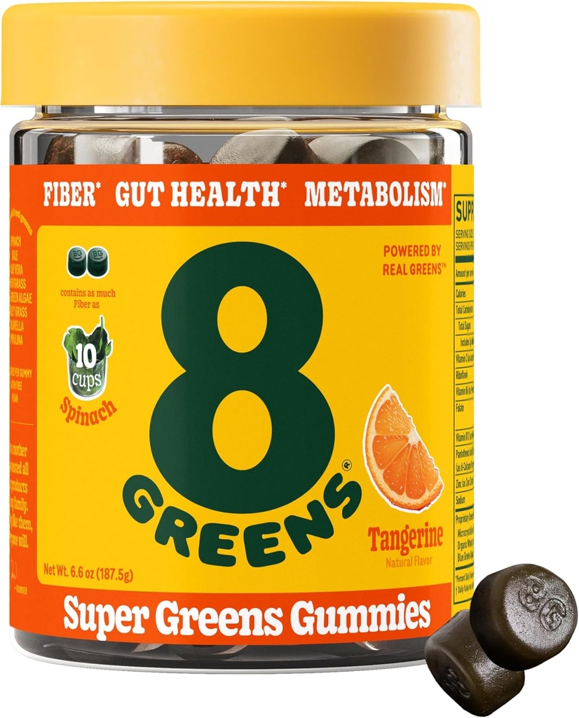 8Greens Fiber Super Greens Gummies | Fiber, Gut Health, Metabolism. Digestive Health, Boost Immune System & Digestive Health with 8 Real Greens - Non-GMO Formula, Gummy, Tangerine Flavor, 50 Kont