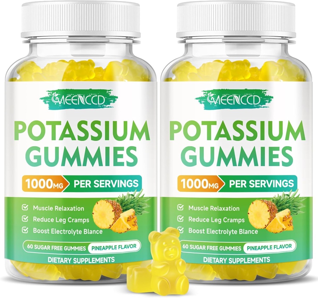 Potasyum Gummies 1000 mg, Yüksek Potency Pyumları Yetişkinler Kadınlar ve Erkekler için Gummies, Destek Leg Cramps & Muscle Health, Sugar-Free, Pinele Flavor, 120 Count