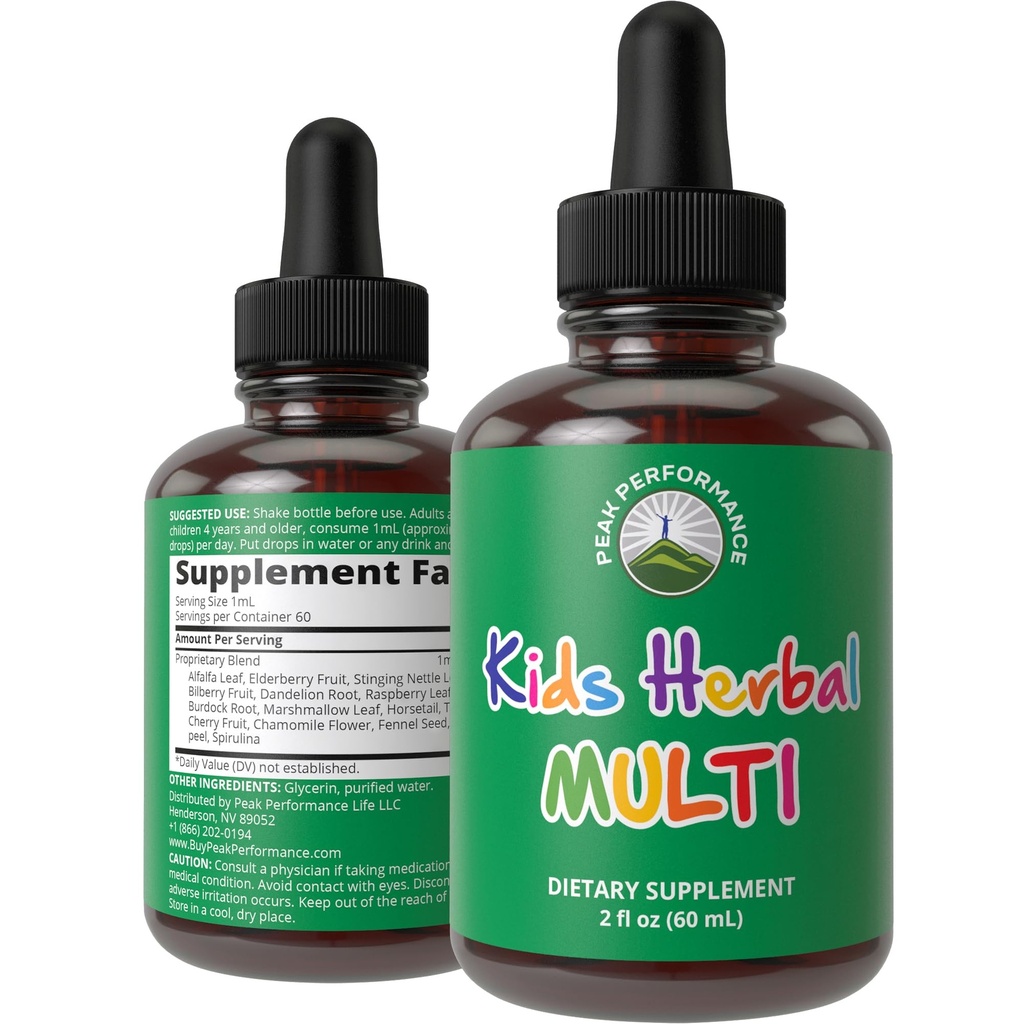 Peak Performance Kids Vitamins from Herbs - Liquid Kids Herbal Multivitamin - Sugar Free 14-in-1 Vegan Supplement Drops for Toddlers, Children, Teens - No Taste When Mixed with Water - 2 fl oz