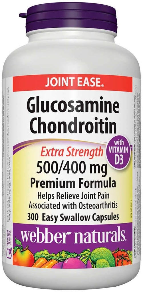 Webber Naturals Glucosamine Chondroitin with vitamin D3, extra strength, 500/400 mg, Premium Formula, 300 Easy swallow capsules