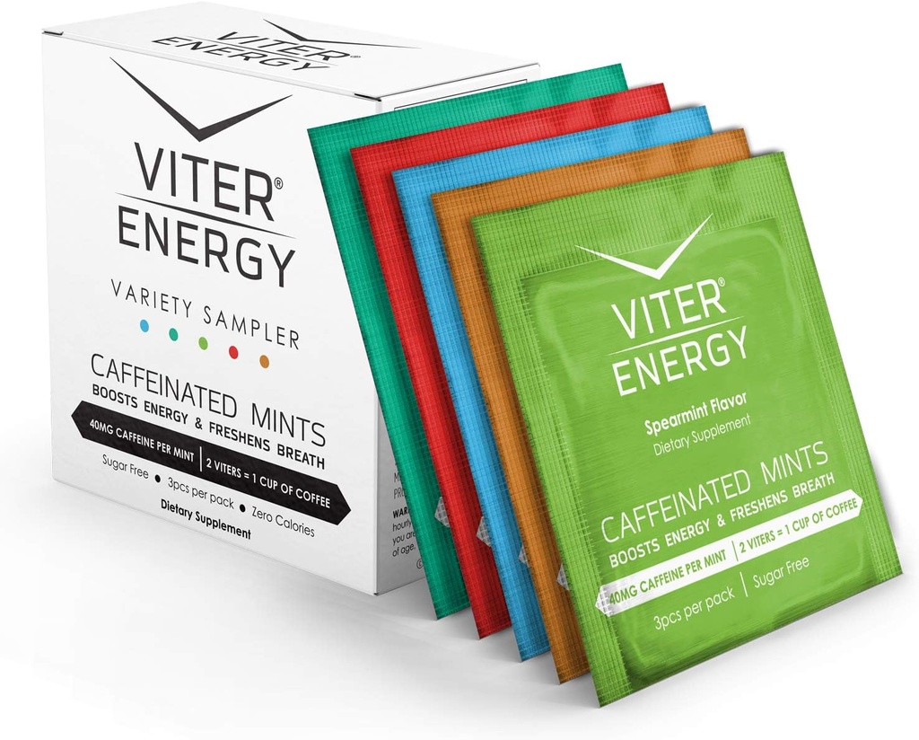 Viter Energy Caffeinated Mints 40 mg Caffeine, B Vitamins, Sugar Free. (Variety, 3127, 5 Pack)