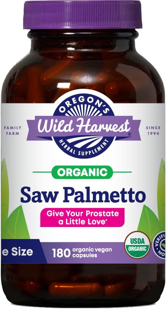 Oregon'un Wild Harvest sertifikalı Organik Saw Palmetto Herbal Capsules, 180 Kont