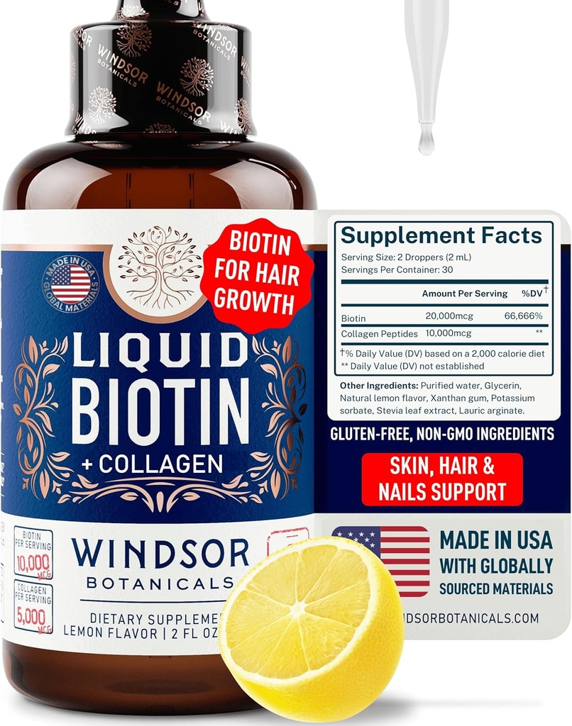 Υγρή βιοτίνη για την ανάπτυξη μαλλιών Collagen - Biotin Liquid 10.000mcg Collagen 5.000mcg Επιπλέον δύναμη Υγρό - Υγρό κολλαγόνο και βιοτίνη σταγόνες για την ανάπτυξη μαλλιών - Βιοτίνη και κολλαγόνο σταγόνες για τις γυναίκες - 2oz