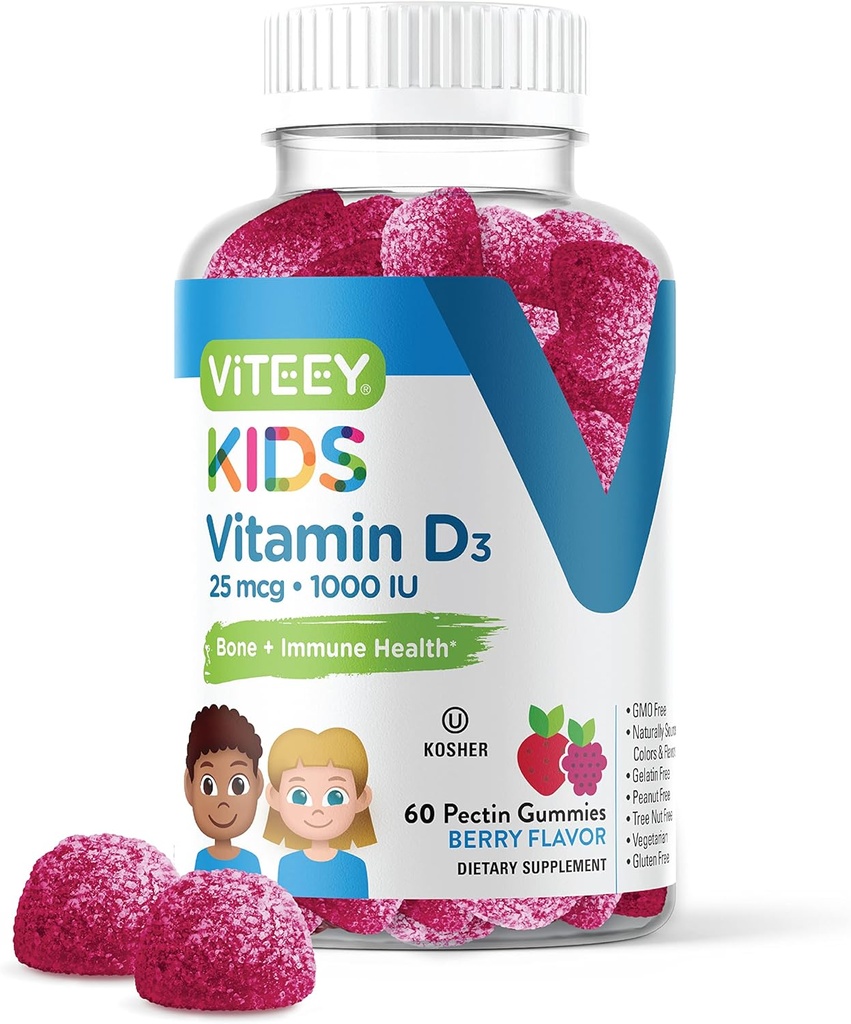Viteey Vitamin D3 Çocuk Gummies 25, 1000 IU - Bone Health, Immune Health, Ortak Kas Desteği - Vejetary, Gelatin Free, Gluten Free, GMO Free - Tasty Chewable Berry Flavored
