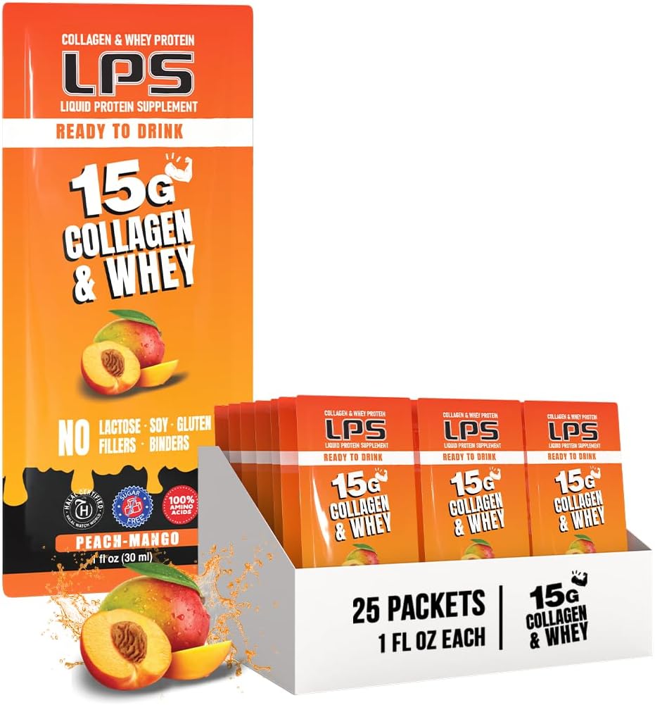 LPS Liquid Collagen & Whey Protein Supplement - Non-GMO Drink, Sugar-Free - Promotes Healthy Skin & Hair for Men & Women, Peach Mango, Single Serve (25 Packets)