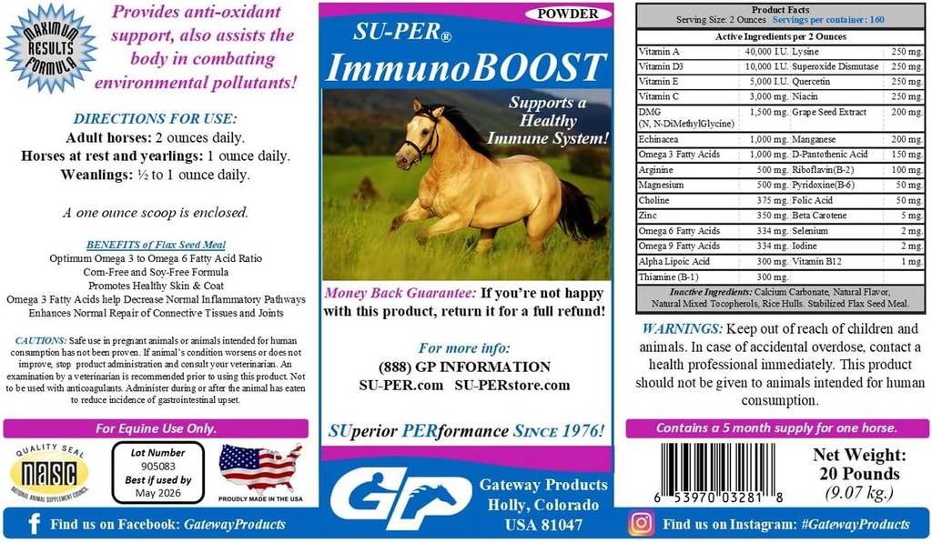 SU-PER ImmunoBOOST Horse Anti-Oxidant Supplement - Υποστηρίζει ανοσοποιητικό σύστημα & διατροφικές ανεπάρκειες - Βιταμίνες E & C, εκχύλισμα σπόρων σταφυλιών, εκχυλίσματα βοτάνων - 20 Λίρες, 5 Μήνες προσφοράς