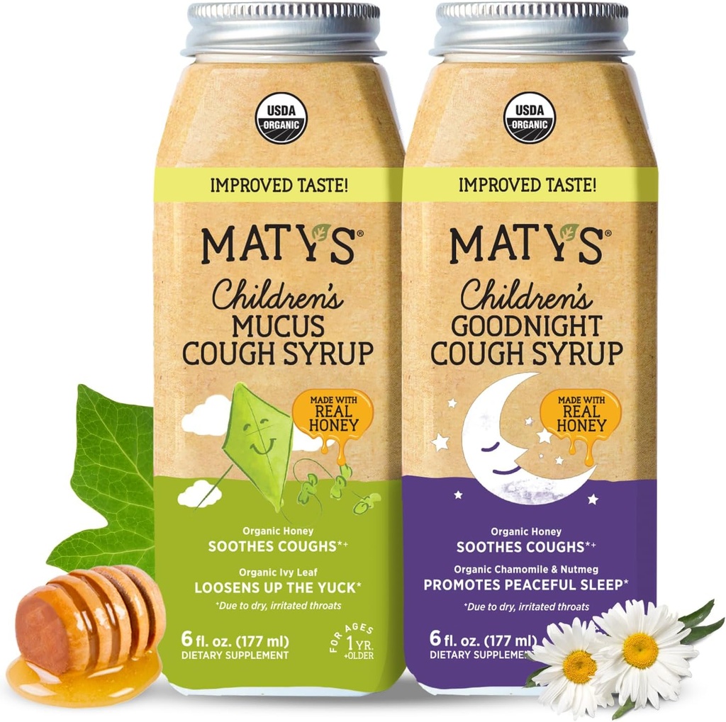 Matys Organic Kids Cough Syrup Mucus & Nighttime Value Pack for Children 1 Year + Up, Soothing All-in-One Cough and Mucus Relief w/Zinc & Organic Ivy Leaf, Melatonin & Dye Free, 2 Pack, 6 Fl Oz Each