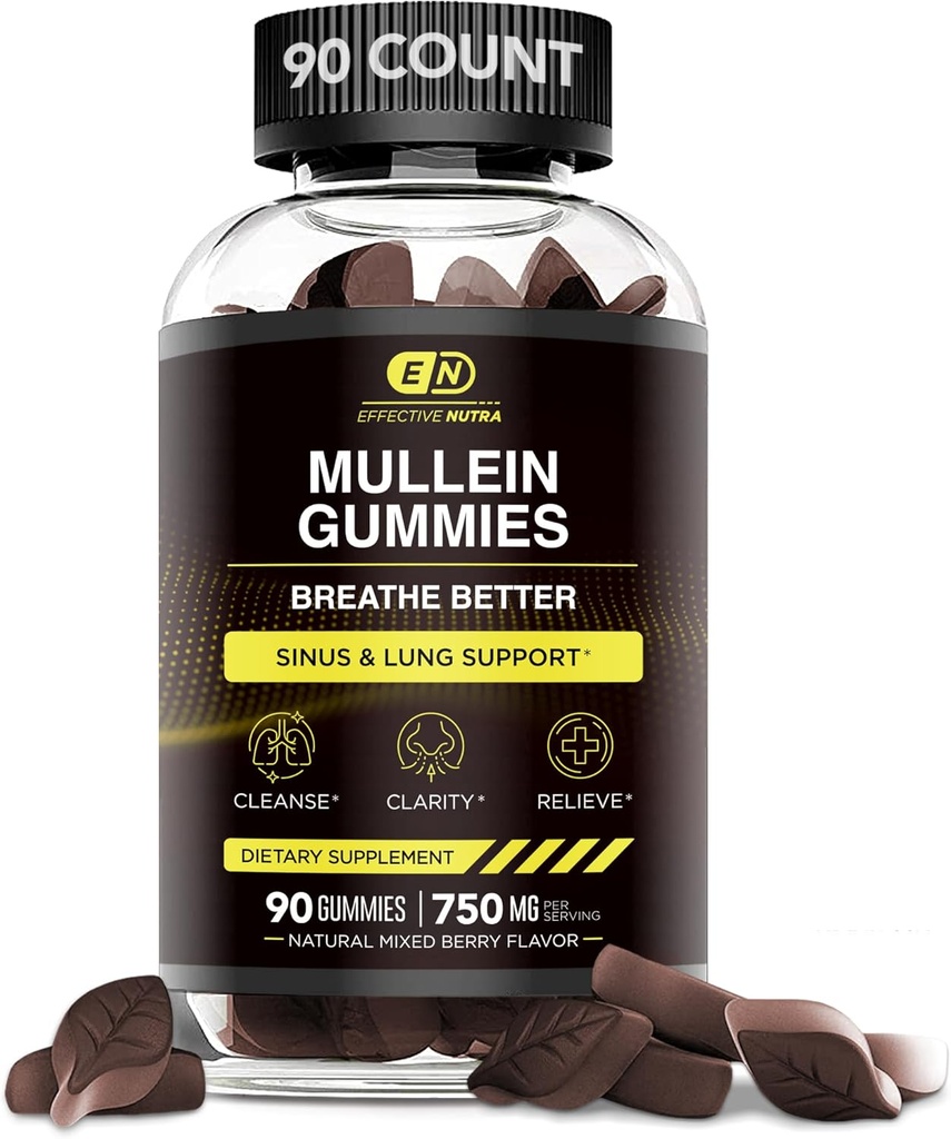 EFFECTIVE NUTRA 9in1 Mullein Gummies | Lung ve Sinus Cleanse, Clarity, and Relief | Vegan, Gluten-Free, Non-GMO Supplement | Natural Berry Flavor, 45-Day Supply, Made in USA (90ct)