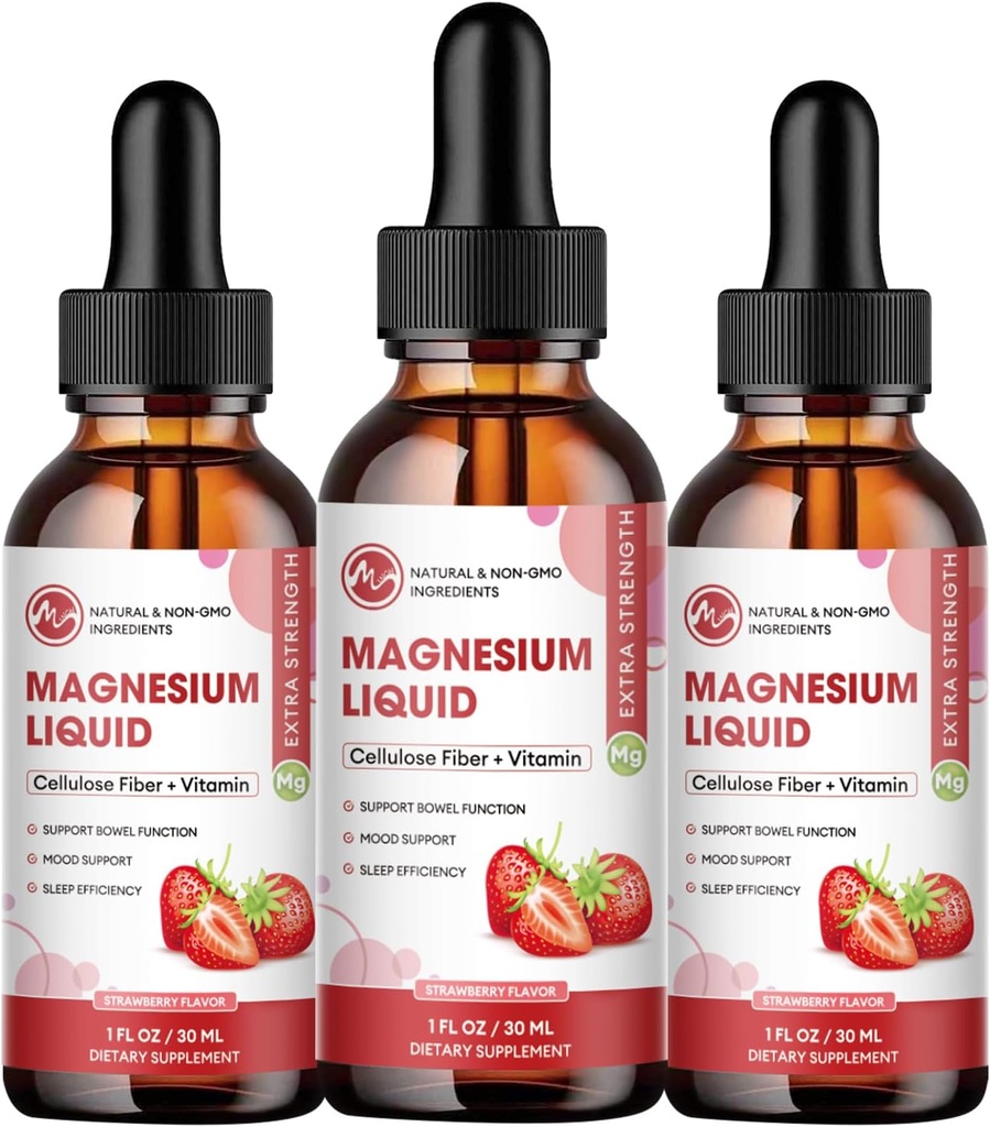 (3 Pack) Magnezyum Glycinate Liquid Drops, Yüksek Absiyon sıvısı Bromelain, B6 C D, Magnezyum Supplement for Kids and Yetişkinler, Night & Muscle Support, Strawberry Flavor