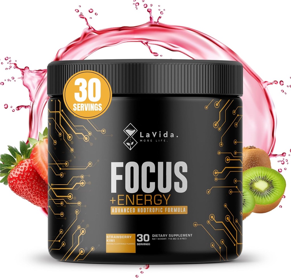 LAVIDA Focus +Energy | Low-Stim Pre-Workout for Busy Professionals | Nootropic Brain ATM with 140 mg Caffeine, Zero Jitters, Sugar-Free, Natural Energy & mental Clarity | Made in USA