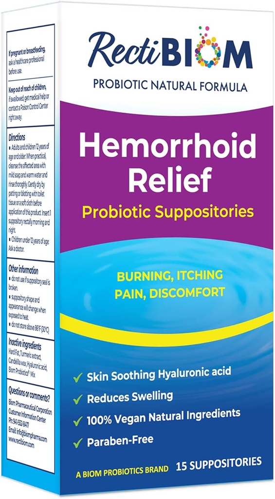RectiBiom Probiyotik Hemorrhoid Relief Suppositories with Skin Soothing Natural Materialss, Fast Relief. Hyaluronic Acid ve Turmeric Extract, Vegan, Gluten-Free Formulation