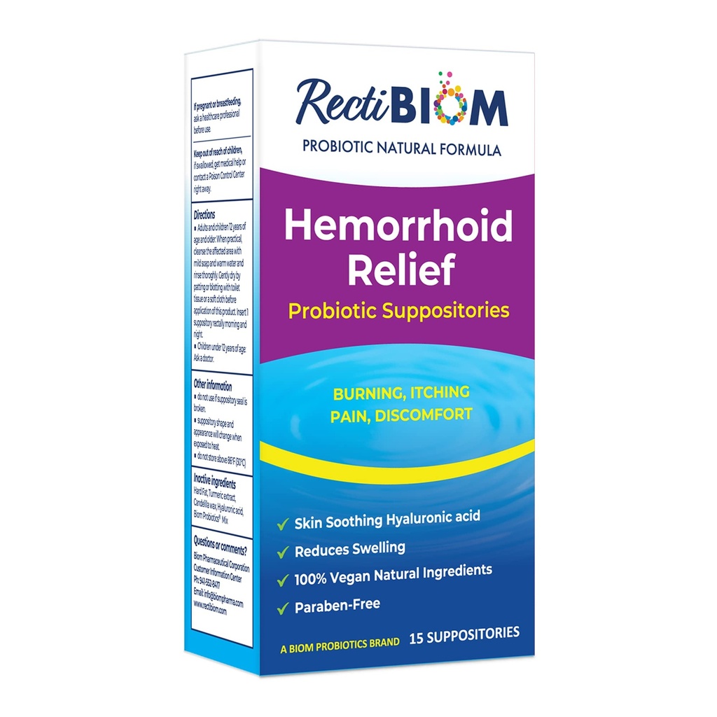 RectiBiom Probiyotik Hemorrhoid Relief Suppositories with Skin Soothing Natural Materialss, Fast Relief. Hyaluronic Acid ve Turmeric Extract, Vegan, Gluten-Free Formulation