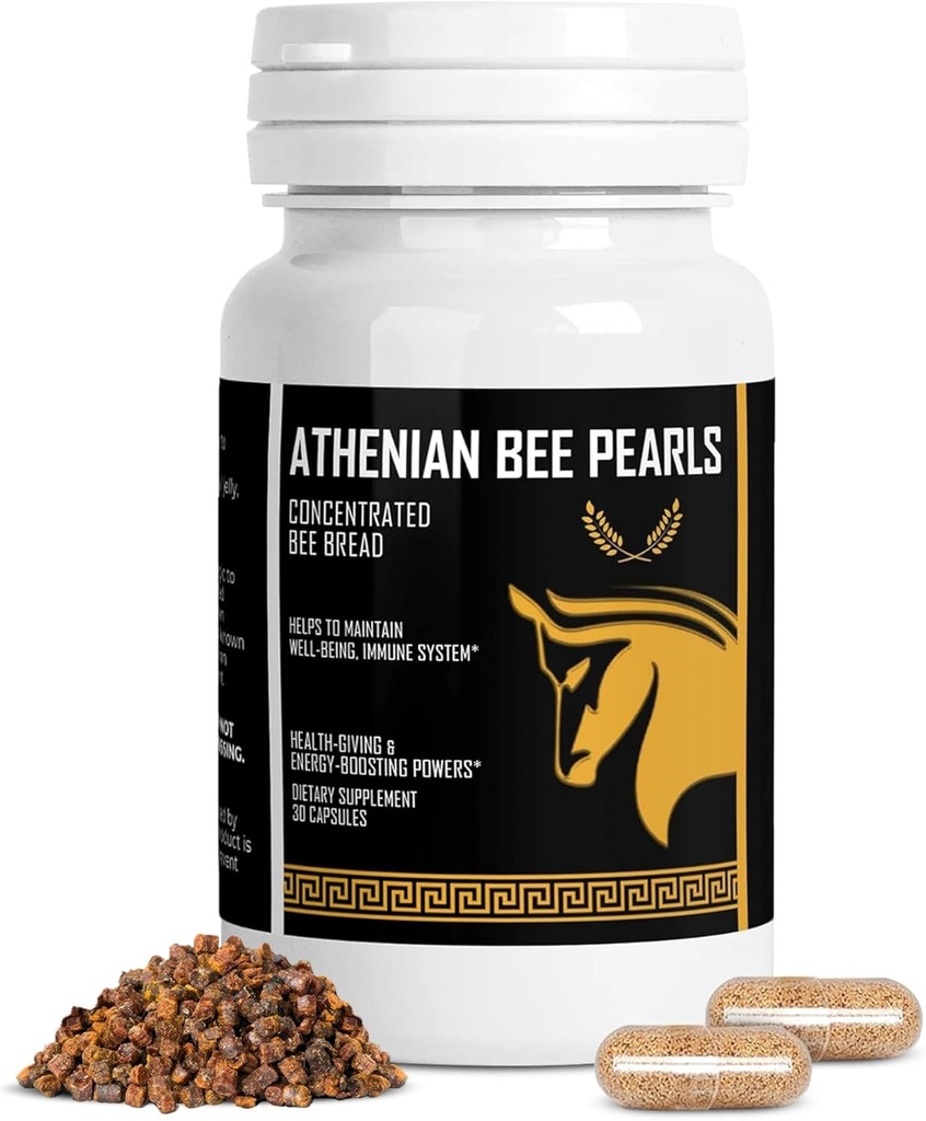 Bee Pollen Supplement Athenian Bee Pearls | Doğal Immunity & Vitality Support Bee Pollen Capsule | Spartan Bee Bread Extract & Vitamin C | Non GMO, Nothing Stics, All Natural Organic Bee Pollen