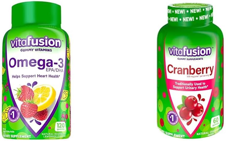 Vitafüzyon Omega-3 Heart Health Gummy Vitamins with Cranberry Gummies for Women, 120 Count Omega 3 EPA/DHA Berry Lemonade ve 60 Kont 500 mg Cranberry Juice per Service başına 500 mg Cranberry