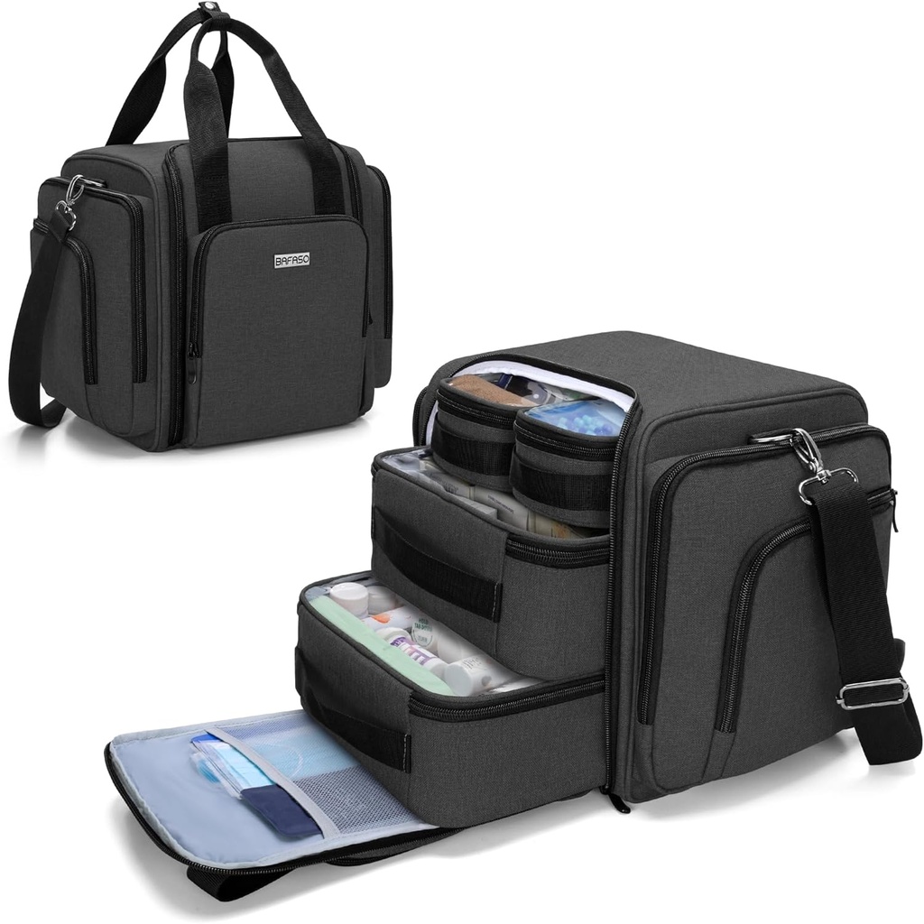 BAFASO Μεγάλος Διοργανωτής μπουκαλιών χαπιών με 4 εσωτερικά αφαιρούμενα πουγκιά, Τσάντα Ιατρικής Ελάτε με ιμάντα ώμου (ΜΌΝΟ BAG), Μαύρο