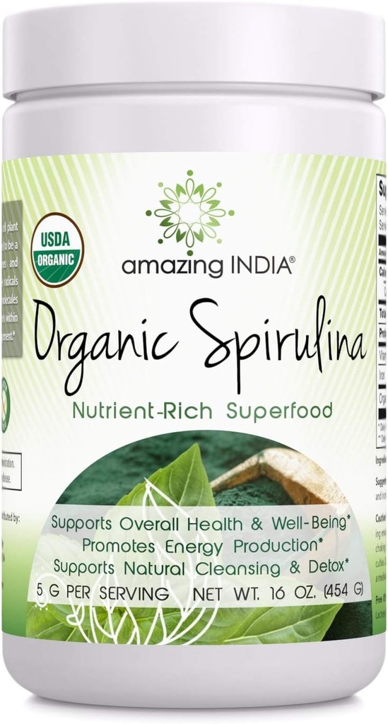 Amazing India Organic Spirulina Toz (Non-GMO) 16 oz (454 gm) - Destek Hücre Rejenerasyonu, Immune Health, Detoxification & Genel Sağlık*