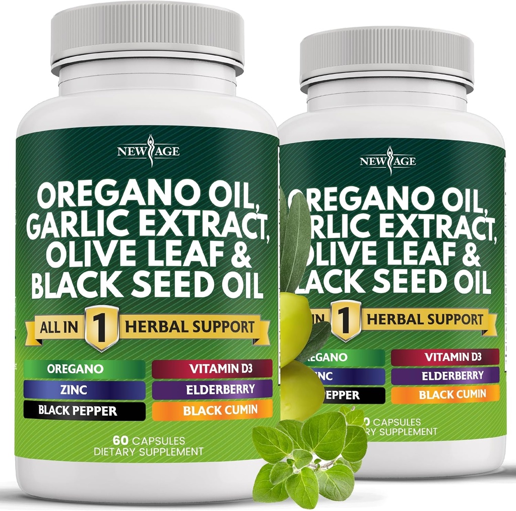 NEW AGE Oregano Oil Garlic Extract Olive Leaf with Astragalus - Συμπλήρωμα για γυναίκες και άνδρες - 120 Count