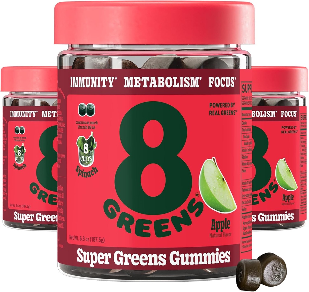8Greens Supergreens Gummies | Super Greens Toz Superfood Gummy for Metabolism, Immunity & Focus, Digestive Health Enzymes, Organic: Chlorella, Spirulina, Aloe Vera, Apple Flavor, 150 Count