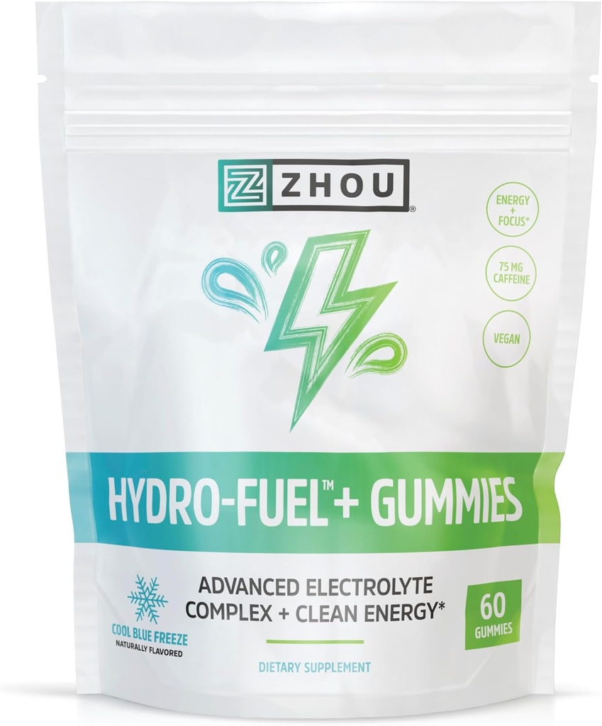 Zhou Διατροφή Hydro-Fuel+ Gummies - Ηλεκτρολυτές Gummies για Ενυδάτωση, Προηγμένα μάσημα με Ηλεκτρολύτες Complex και 75 mg καφεΐνη για Καθαρή Ενέργεια, Hydrating Supplement - 60 Vegan Chews