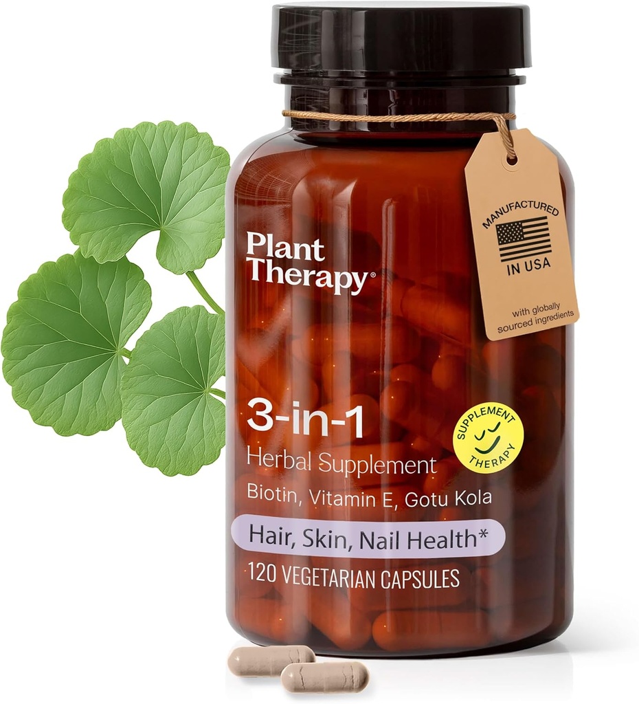 Plant Therapy 3-in-1 Biotin Capsules with Vitamin E & Gotu Kola ABD 4 Ay Supply Supports Radiant Skin, Saç Büyümesi ve Güçlü Çiçekler için Tamamlar 120 Vegetarian Capsules