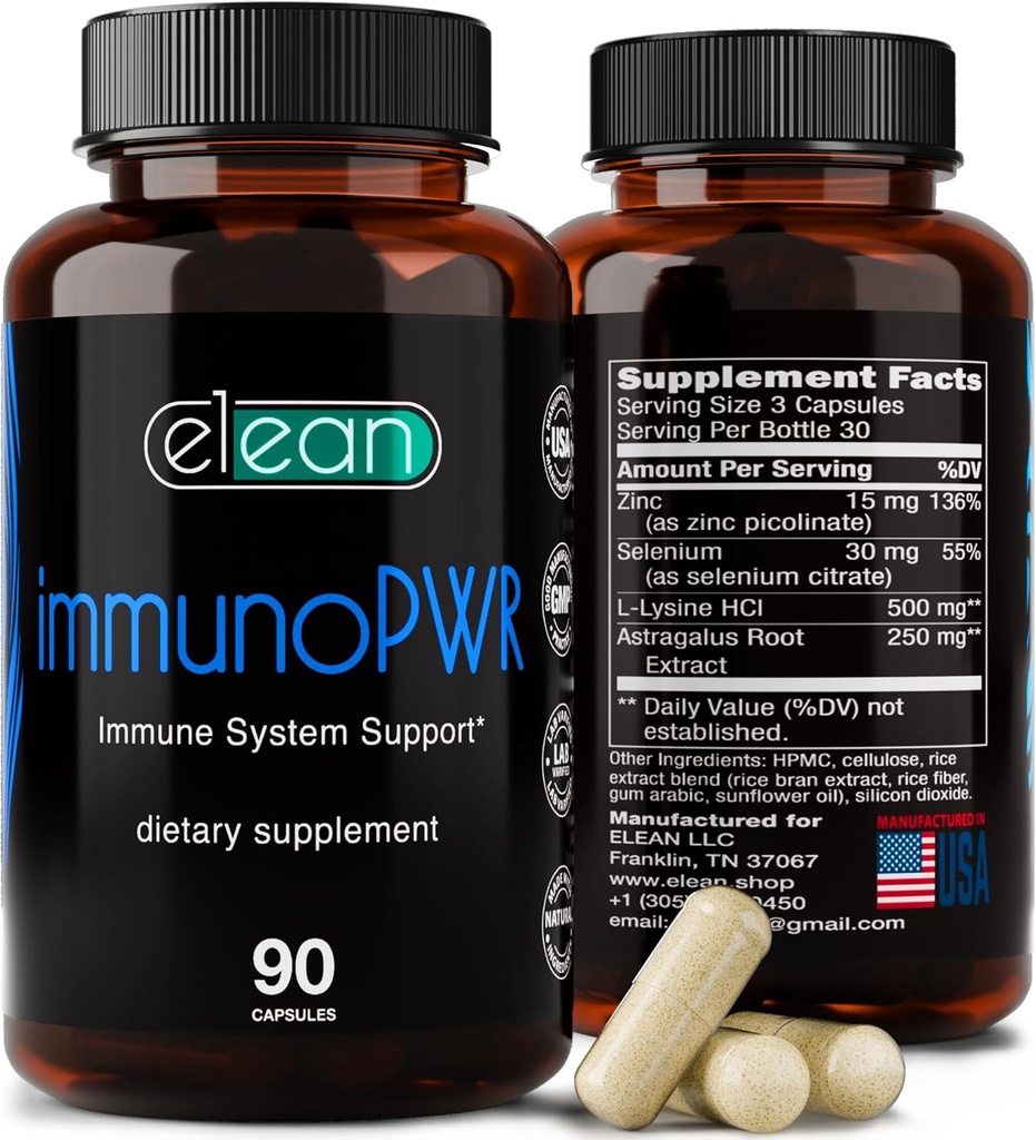 ELEAN Immuno PWR-, çinko, Selenium ile zenginleştirildi, Collagen Synthesis için asit Lysine ve Astragalus Kökü, Tiroid Sağlığı, Mineral Desteği, Enerji ve Immune Health 90 Veg Capsules.