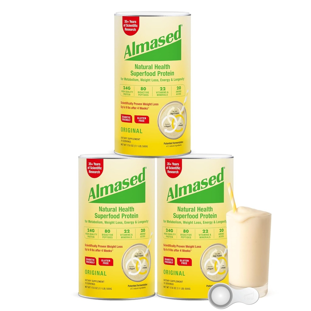 Almased Protein Powder for Weight Loss Kit for Men & Women, Φυσικό γεύμα αντικατάστασης Shake for Weight Loss, Συμπλήρωμα, 27 γραμμάρια πρωτεΐνης ανά υπηρεσία (Πρωτεϊνική Γεύση, 3 δοχεία @ 17,6 oz ea + Scoop)