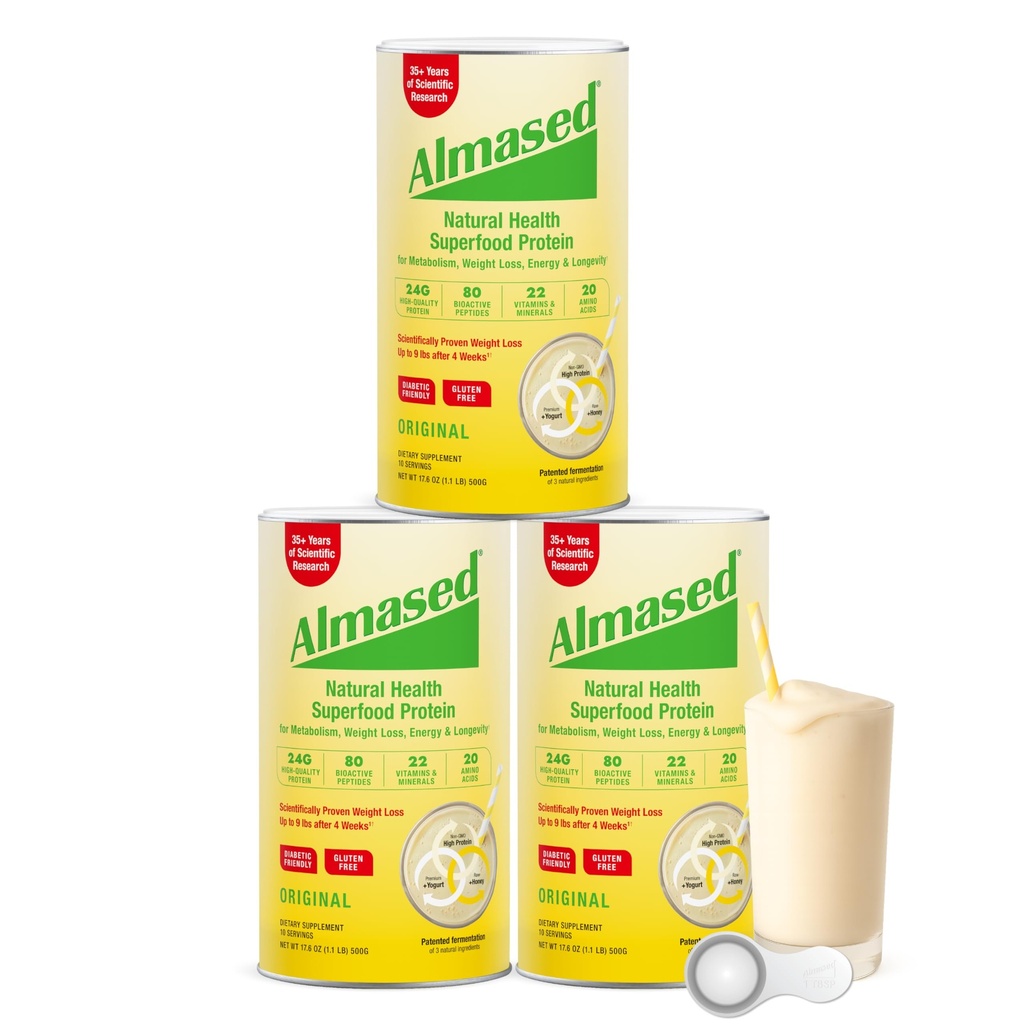 Men & Women için Kilo Kaybı Kit Için Almased Protein Toz, Doğal Meal Makyaj Kilo kaybı için Shake, Supplement, 27 Protein Per Hizmeti (Original Flavor, 3 Cans @ 17.6 oz ea + Scoop)