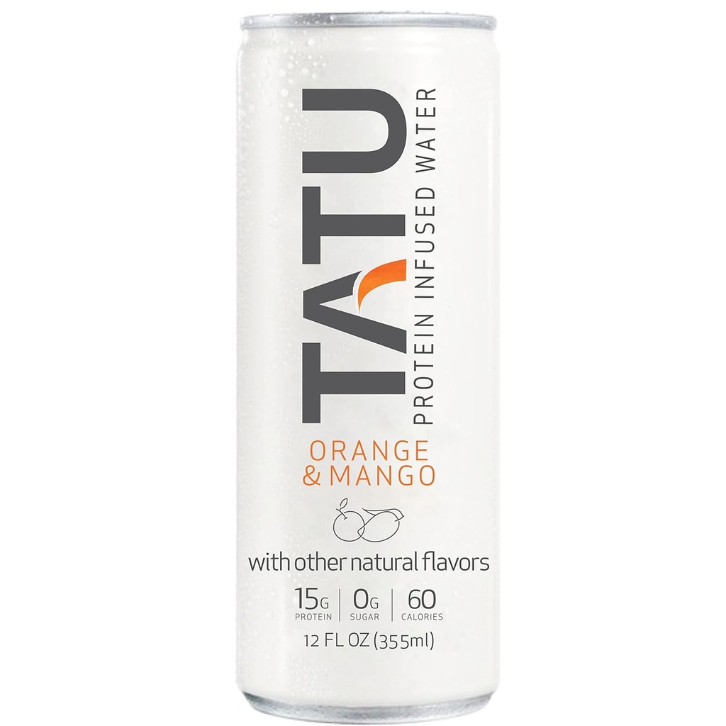 TATU Ready-To-Drink proteini Infüzyon Water Orange Mango 4 Pack. 15 gram whey proteini izole, 0 gram şeker, sadece 60 kalori. Limon Ginger ve Orange Mango. Gluten Free, lactose ücretsiz.
