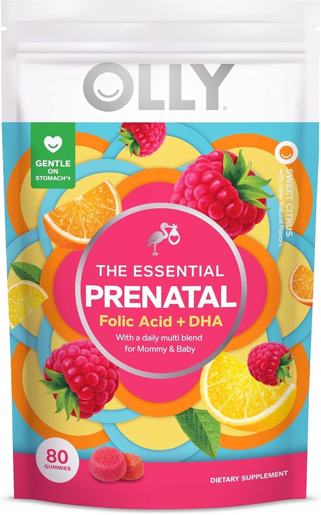 OLLY Prenatal Multivitamin Gummy, Sağlıklı Büyüme ve Beyin Gelişimi, Folic Asit, Vitamin D, Omega 3 DHA, Chewable Supplement, Citrus Berry Flavor, 40 günlük Supply - 80 Count Pouch