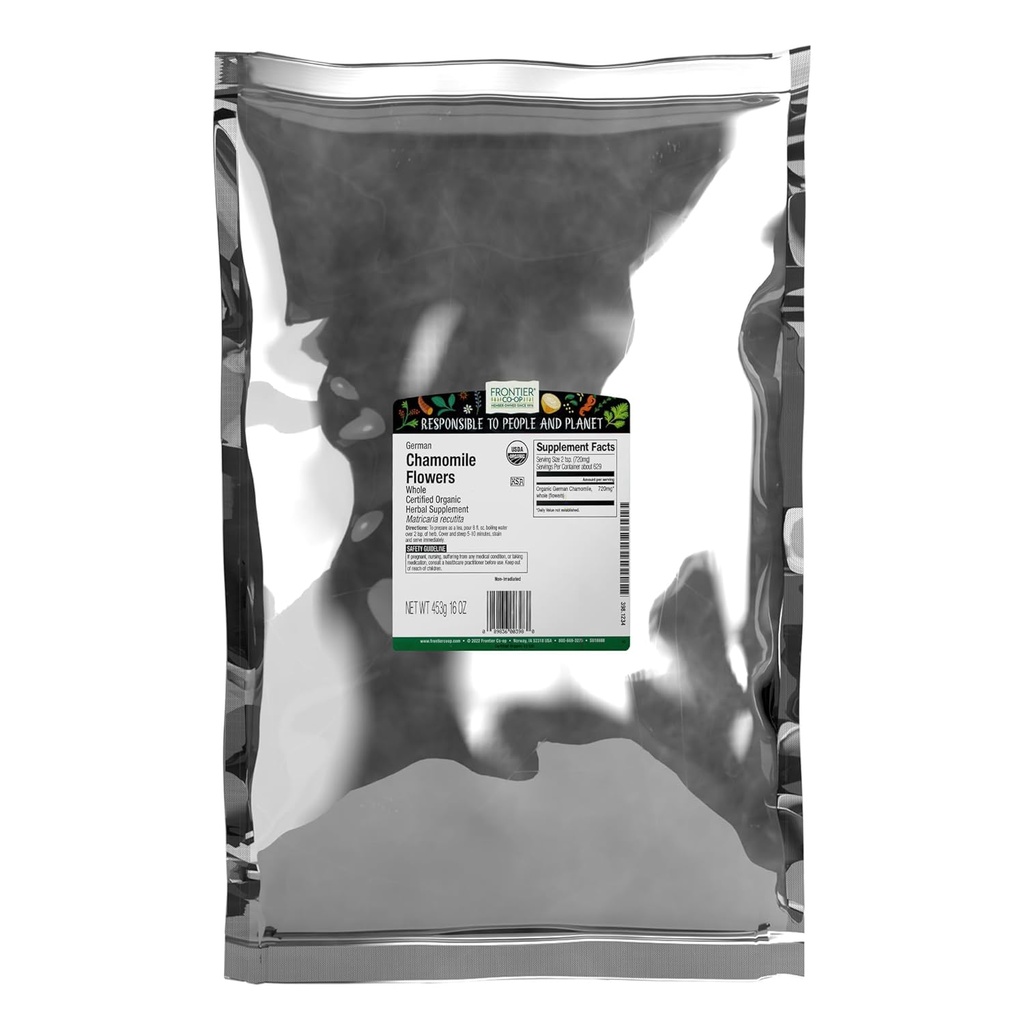 Frontier Co-op Organik Tüm Chamomile Çiçekler, Kosher, Bulk Herb - Kuru Chamomile Çiçekler için Çay, Doğal Cilt Bakımı Tarifleri ve Daha Fazlası | 16 Ounce (Pazar 1)