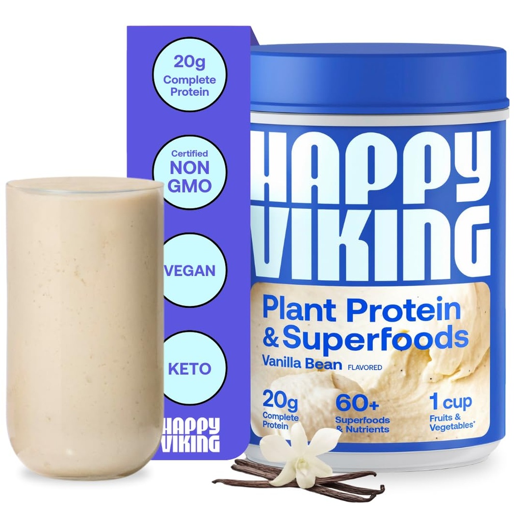 Mutlu Viking Vanilla Plant Protein Toz, Venüs Williams, 20G proteini, Low Carb, Keto, Vegan, Gluten-Free, Non-GMO, Superfoods, Complete Meal Change, 1 Canister (24 oz.)