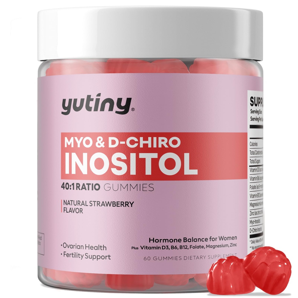 Myo-Inositol & D-Chiro Inositol Gummies, B6 B12 & Folate for Women, Vegan, Sugar Free, Strawberry Flavor, 60 Count Count Count