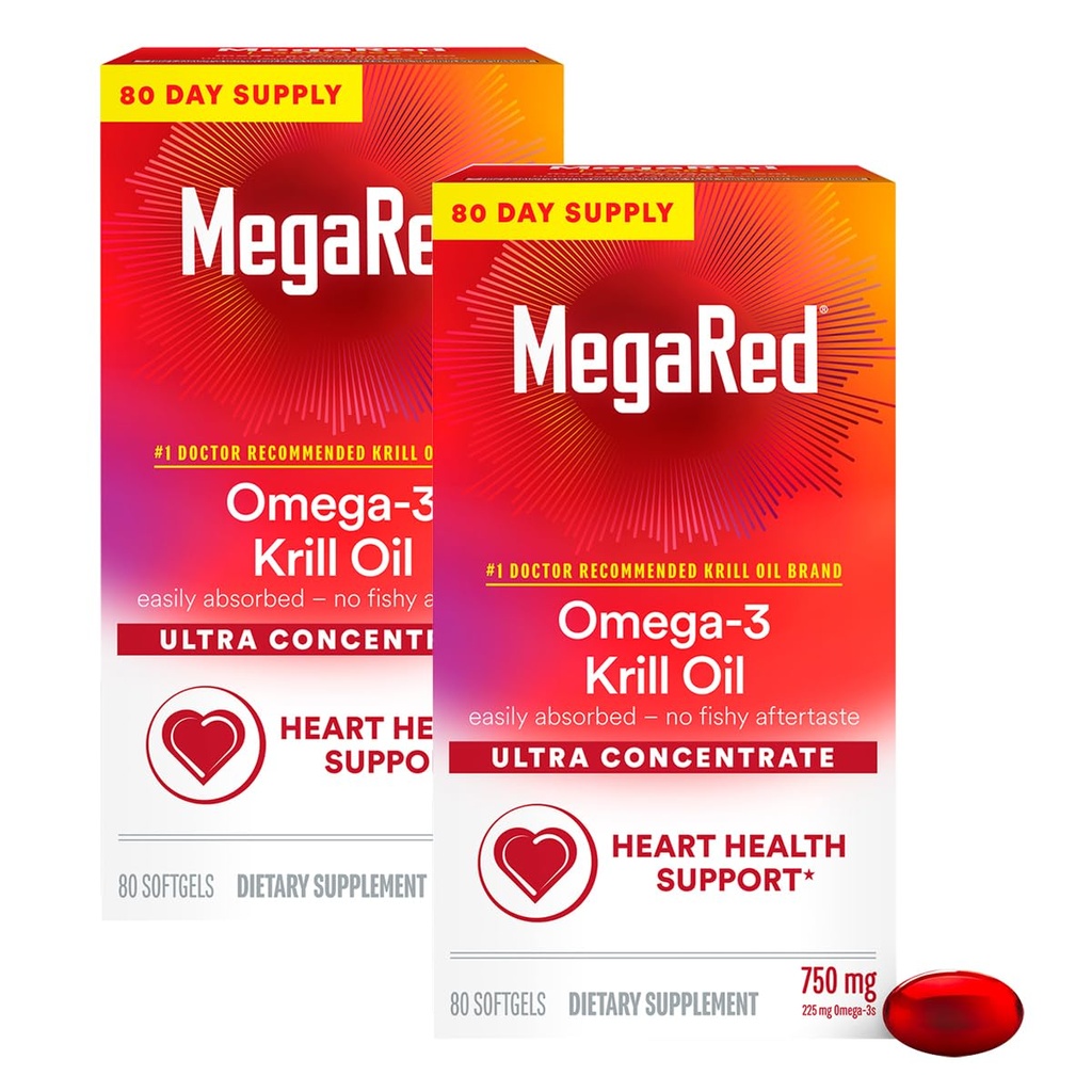 Mega Red Ultra Yoğun 750 mg Omega-3 Krill Oil Fatty Acid Supplement with EPA/DHA, Antioksi Astaxanthin, No Fish Oil Aftertaste Supports Heart Health, 80 Count Softgels (2 Pack)