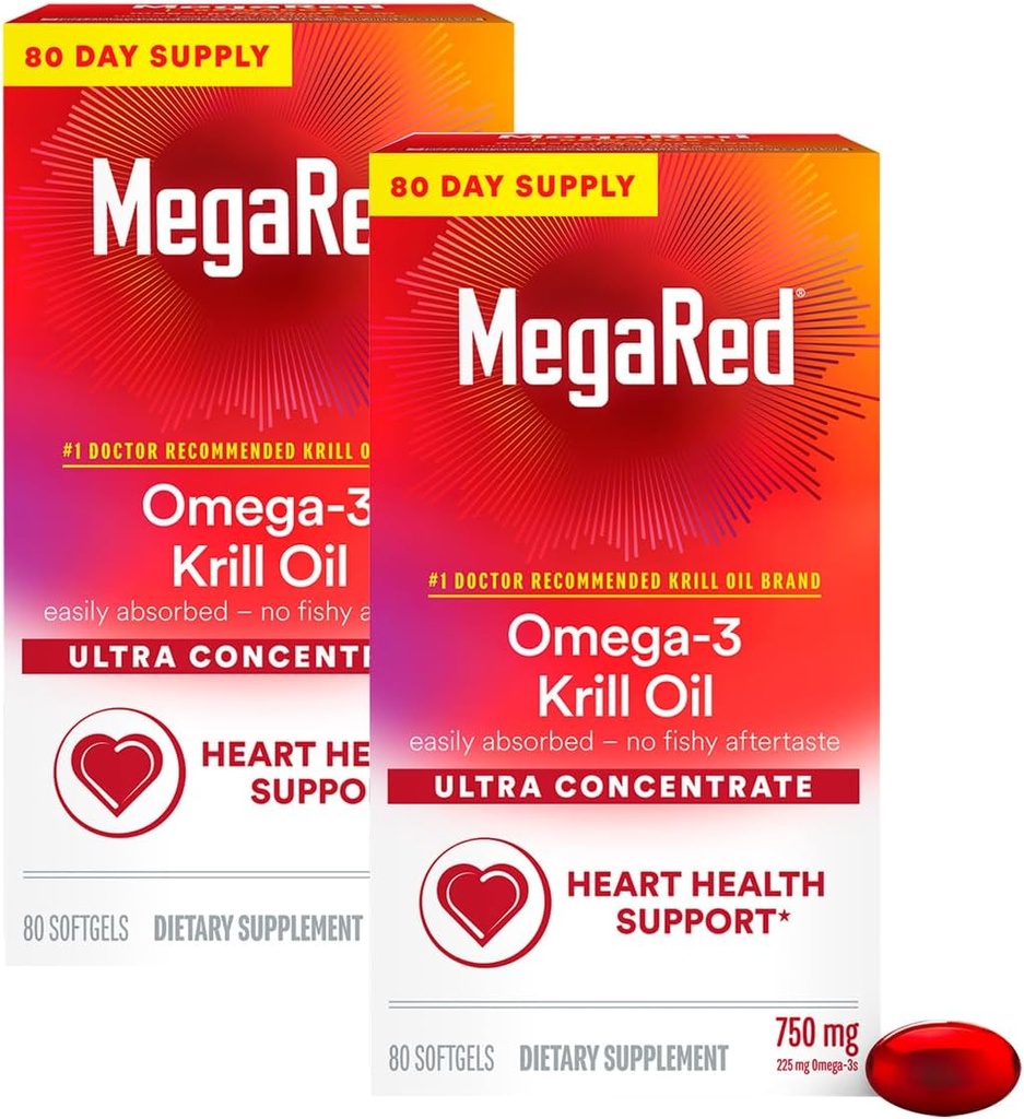 MegaRed Εξαιρετικά συμπυκνωμένο 750mg Omega-3 Krll Oil Συμπλήρωμα λιπαρών οξέων με EPA/DHA, Αντιοξειδωτική Ασταξανθίνη, Όχι Fish Oil Επίγευση Υποστηρίζει την υγεία της καρδιάς, 80 Count Softgels (2 Pack)