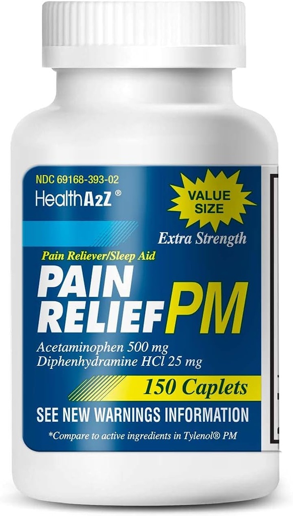 HealthA2Z® Ekstra Güçlü Ağrı Yardımı PM| Acetaminophen 500 mg | Diphenhydramine 25 mg | Pain Reliever & Nighttime Sleep Aid | (150) Count
