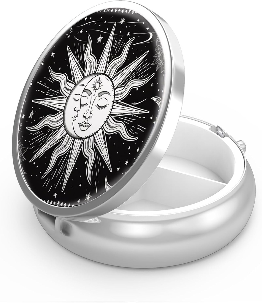 Pill Box 3 Compartment Small Pill Case,Portable for Pocket or Purse Pill Organizer Pill Container Holder to Hold Vitamins, Medication, Fish Oil and Supplements(Sun and Moon)